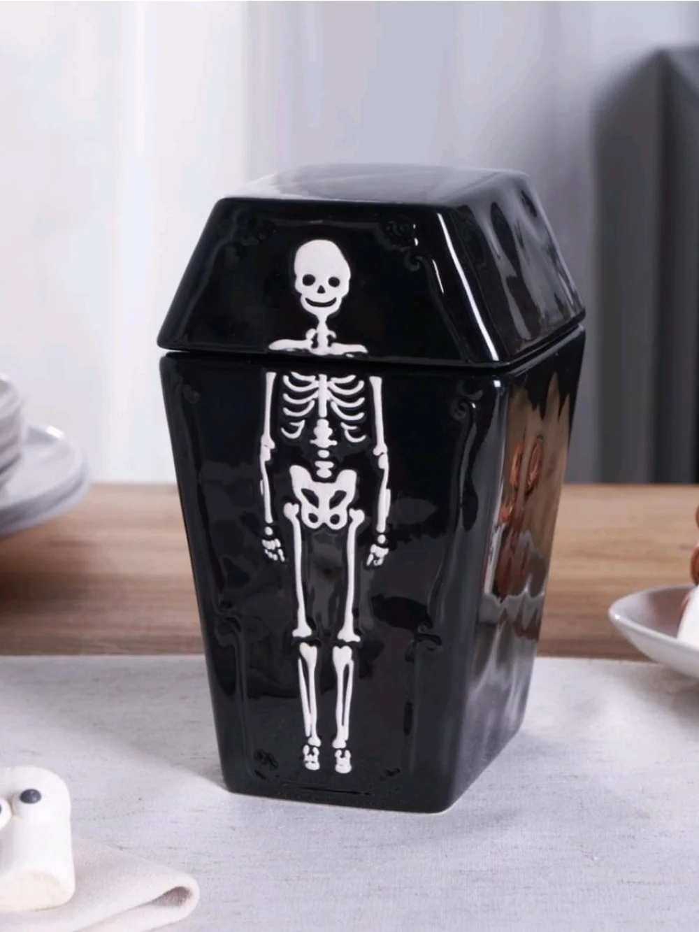 Black Skeleton Coffin Ceramic Treat Holder, NIB!